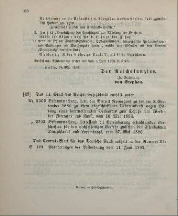 49. Das 11. Stück des Reichs-Gesetzblatts enthält unter: ...