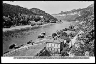 Sächsische Schweiz, Blick auf Schmilka an der Elbe und die Schrammsteine