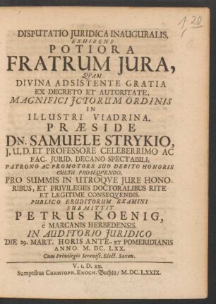 Disputatio Iuridica Inauguralis, Exhibens Potiora Fratrum Iura