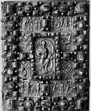 Codex Aureus von Sankt Emmeram (aus der Hofschule Karls des Kahlen) — Majestas Domini im Mittelfeld umgeben von den vier Evangelisten als Autorenporträts und vier Szenen aus dem Neuen Testament