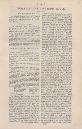 Debate at the East-India House : East-India House, Feb. 12. ; A Special General Court of Proprietors of East-India Stock was this day held at the Company's House in Leadenhall Street. ...