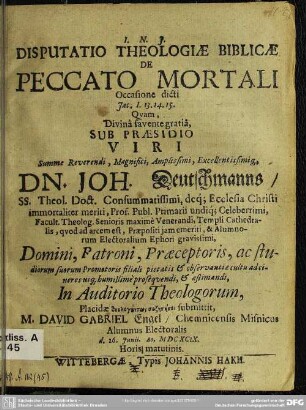 Disputatio theologiae biblicae de peccato mortali occasione dicti Jac. 1. 13.14.15.