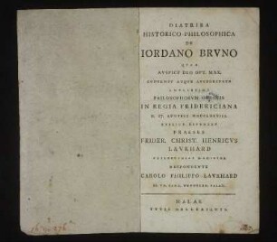 Diatriba Historico-Philosophica De Iordano Brvno