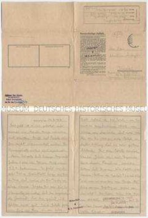 Handschriftlicher Brief eines Häftlings aus dem Konzentrationslager Auschwitz an seine Familie in Krakau, mit Zensurstempel
