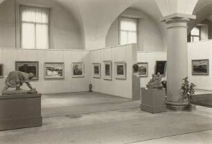 Raumaufnahme der Ausstellung "Bildende Kunst der Gegenwart aus Bulgarien. Malerei, Plastik, Grafik", im Albertinum, Dresden, November 1957