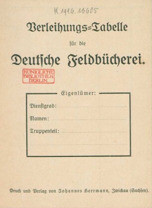 Verleihungs-Tabelle für die Deutsche Feldbücherei