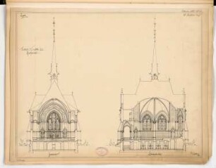 Friedhofskapelle, Greifswald Monatskonkurrenz Oktober 1883: Längsschnitt, Querschnitt; Maßstabsleiste