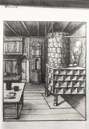 Darstellung eines Stubenofens, aus dem Feuer schlägt. Blatt?, bezeichnet "Knall"