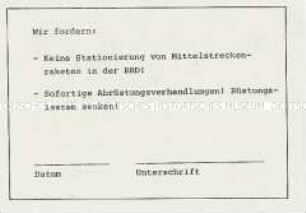 Vordruckpostkarte an die Bundesregierung gegen die Stationierung von Mittelstreckenraketen