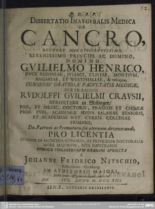 Dissertatio Inauguralis Medica De Cancro