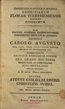 Dissertatio Inauguralis Botanica Primitiarum Florae Werthemensis Sistens Prodromum
