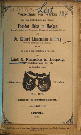 Lager-Verzeichnis. 187. 1887