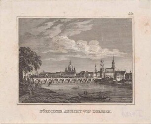 Stadtansicht von Dresden, Blick vom Neustädter Ufer nach Südosten über die Elbe auf die Altstadt und die Augustusbrücke, aus Schiffners Beschreibung von Sachsen um 1840