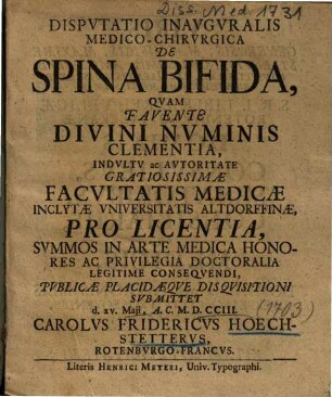 Dispvtatio Inavgvralis Medico-Chirvrgica De Spina Bifida