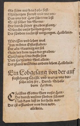 Ein Lobgesang von der || auf=||ferstehung Christi/ vnd warzu vns die=|| selbe nütz sey. Durch Sebal=||dum Heyden. ||