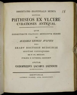 Dissertatio Inauguralis Medica Sistens Phthiseos Ex Ulcere Curationes Antiquas