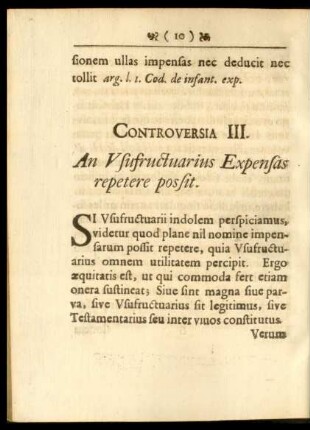 Controversia III. An Usufructuarius Expensas repetere possit