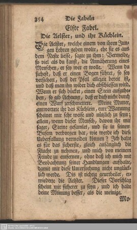 Elfte Fabel. Die Aelster, und ihre Küchlein
