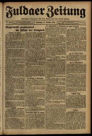 Erste Ausgabe vom Samstag, den 22. Oktober 1921.