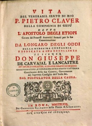 Vita del venerabil servo di Dio P. Pietro Claver della Compagnia di Gesù ...