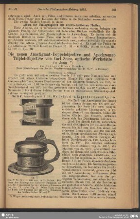 Die neuen Anastigmat-Doppelobjective und Apochromat-Triplet-Objective von Carl Zeiss, optische Werkstätte in Jena