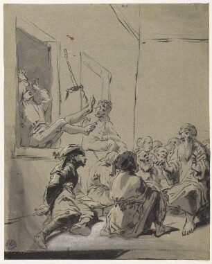 Bei der Predigt des Paulus fällt ein Jüngling ins Fenster zurück, Blatt 61 der Folge "Szenen aus dem Neuen Testament"