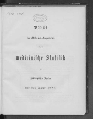 1884: Bericht des Medizinalrates über die medizinische Statistik des Hamburgischen Staates