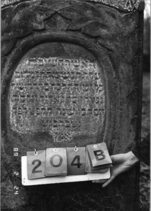 Grabstein 204 (Index: 99752079) Material: Sandstein Zustand: leicht verwittert Maße HxBxT: 130x71x13 cm Beschreibung: Stele, Volutenabschluß, ovales Schriftfeld eingetieft Symbolik: Blätter, Voluten, Schriftband: Grabstein 204B