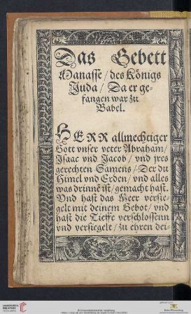 Das Gebett Manasse / des Königs Juda / Da er gefangen war zu Babel