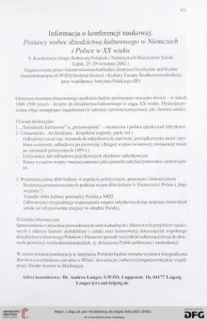 Informacja o konferencji naukowej: Postawy wobec dziedzictwa kulturowego w Niemczech i Polsce w XX wieku