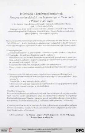 Informacja o konferencji naukowej: Postawy wobec dziedzictwa kulturowego w Niemczech i Polsce w XX wieku