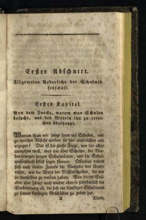 Erster Abschnitt: Allgemeine Uebersicht der Schulwissenschaft