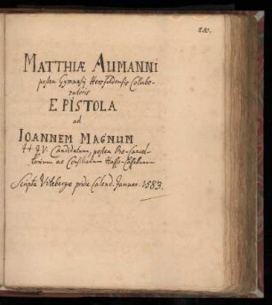 [Brief von Matthäus Aumann an Johann Magnus (1583)]