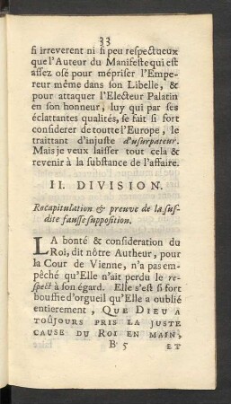 II. Division. Recapitulation [et] preuve de la susdite fausse supposition.