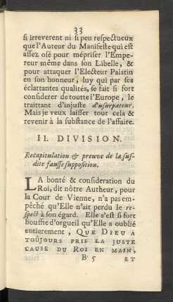 II. Division. Recapitulation [et] preuve de la susdite fausse supposition.