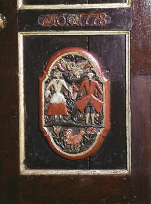 Liebespaar mit Pelikan und Hahn