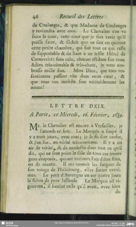 Lettre DXIX. A Paris, ce Mécredi, 16. Février, 1689