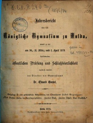 Jahresbericht : über das Schuljahr .... 1873/74