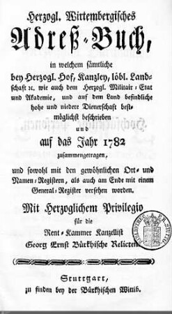 1782: Württembergisches Adressbuch, 1782