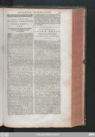 Clariss. Doctiss. Viro Thomae Rhaedo, Regi Magn.Brit.à manu, Iohannes Camero S. P. D.