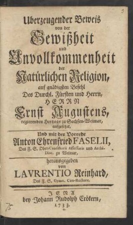 Uberzeugender Beweis von der Gewißheit und Unvollkommenheit der Natürlichen Religion