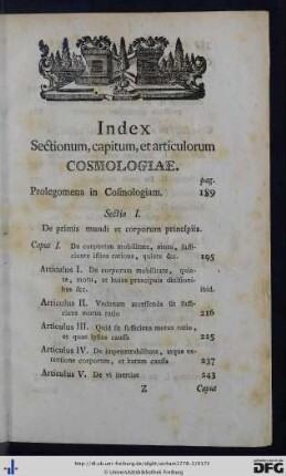 Index sectionum, capitum et articulorum Cosmologiae.
