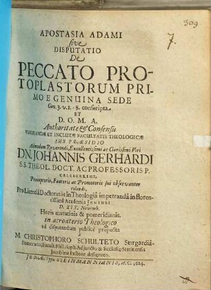 Apostasia Adami sive Disputatio De Peccato Protoplastorum Primo