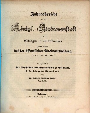 Jahresbericht über die Königliche Studienanstalt zu Erlangen : für das Studienjahr ..., 1845
