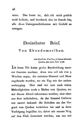 13. Von Ebendemselben - Am Bord der Pallas, 2 Lieues diesseits Quebec, den 1ten Juni 1776