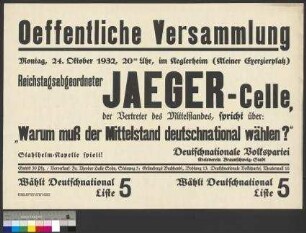Plakat der DNVP zu einer öffentlichen Wahlversammlung am 24. Oktober 1932 in Braunschweig