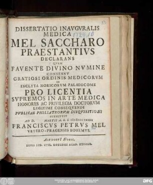 Dissertatio Inavgvralis Medica Mel Saccharo Praestantivs Declarans