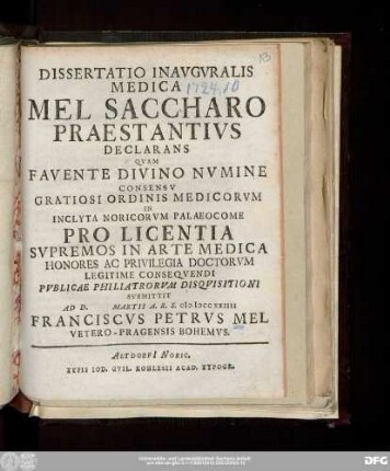 Dissertatio Inavgvralis Medica Mel Saccharo Praestantivs Declarans