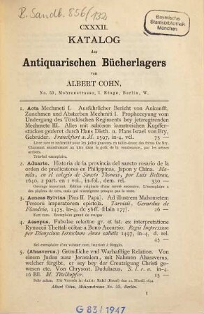 ...Catalog des antiquarischen Bücherlagers von Albert Cohn : [Auch m. franz. Tit.], 132