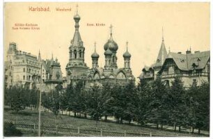Karlsbad. Westend mit Russischer Kirche (1897) : Karlsbad. Westend mit Russisch-Orthodoxer Kirche Sankt Peter und Paul (1893-1897; Gustav Wiedermann)
